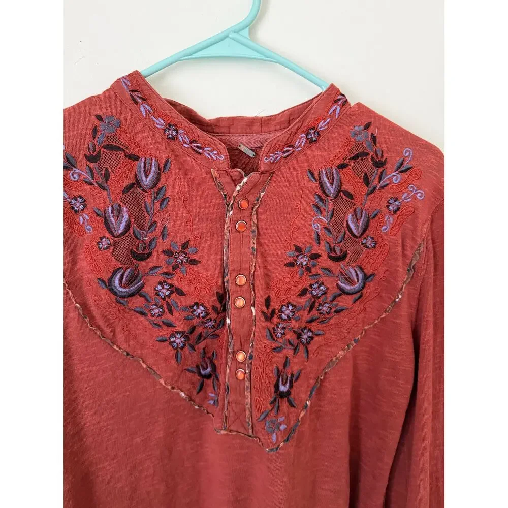 Free People | Burnt Orange Western Fall Chic Bohemian Sundance Kid Henley Top